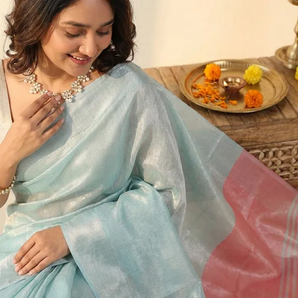 Sky_Blue_Pure_Tissue_Silk_Contrast_Border_Saree_With_Blouse_Piece_For_Women