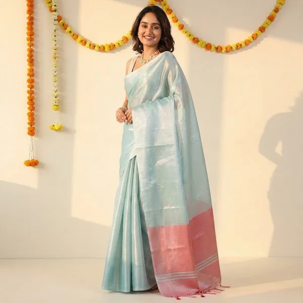 Sky_Blue_Pure_Tissue_Silk_Contrast_Border_Saree_With_Blouse_Piece_For_Women
