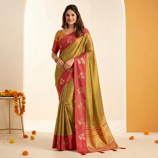 Yellow_Kanjivaram_Silk_Contrast_Border_Saree_With_Blouse_Piece_For_Women