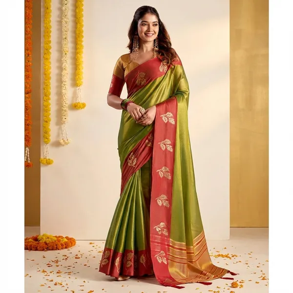 Green_Kanjivaram_Silk_Contrast_Border_Saree_With_Blouse_Piece_For_Women