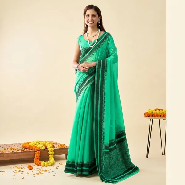 Green_Chanderi_Temple_Border_Saree_With_Blouse_Piece_For_Women