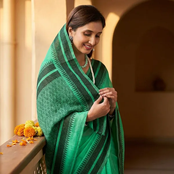 Green_Chanderi_Temple_Border_Saree_With_Blouse_Piece_For_Women