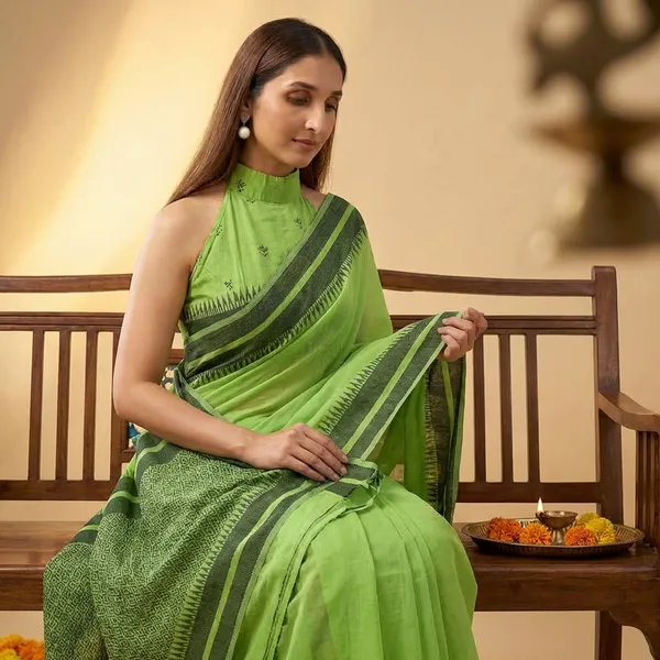 Light_Green_Chanderi_Temple_Border_Saree_With_Blouse_Piece_For_Women