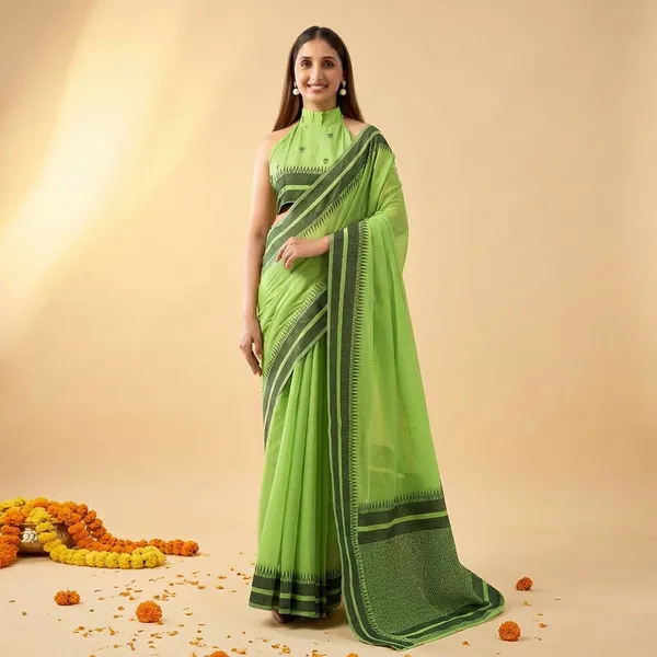 Light_Green_Chanderi_Temple_Border_Saree_With_Blouse_Piece_For_Women
