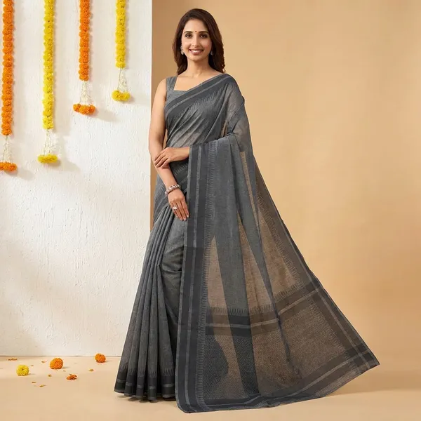 Grey_Chanderi_Temple_Border_Saree_With_Blouse_Piece_For_Women