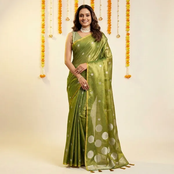 Olive_Green_Banarasi_Silk_Silver_Zari_Buti_Work_Saree_With_Blouse_Piece_For_Women