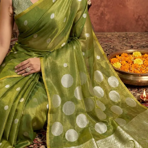 Olive_Green_Banarasi_Silk_Silver_Zari_Buti_Work_Saree_With_Blouse_Piece_For_Women