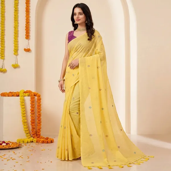 Yellow_Linen_Floral_Motifs_And_Contrast_Blouse_Saree_With_Blouse_Piece_For_Women