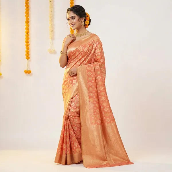 Orange_Banarasi_Silk_Traditional_Geometric_Pattern_Saree_With_Blouse_Piece_For_Women