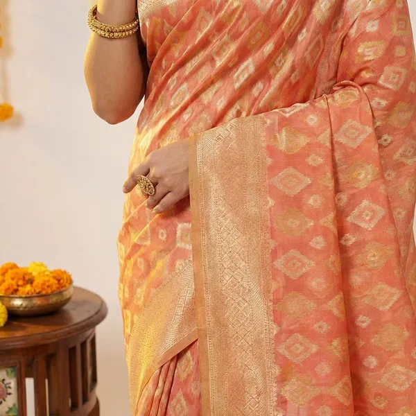 Orange_Banarasi_Silk_Traditional_Geometric_Pattern_Saree_With_Blouse_Piece_For_Women