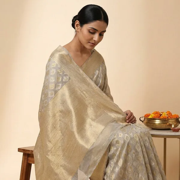 Silver_Banarasi_Silk_Traditional_Geometric_Pattern_Saree_With_Blouse_Piece_For_Women