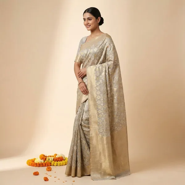 Silver_Banarasi_Silk_Traditional_Geometric_Pattern_Saree_With_Blouse_Piece_For_Women