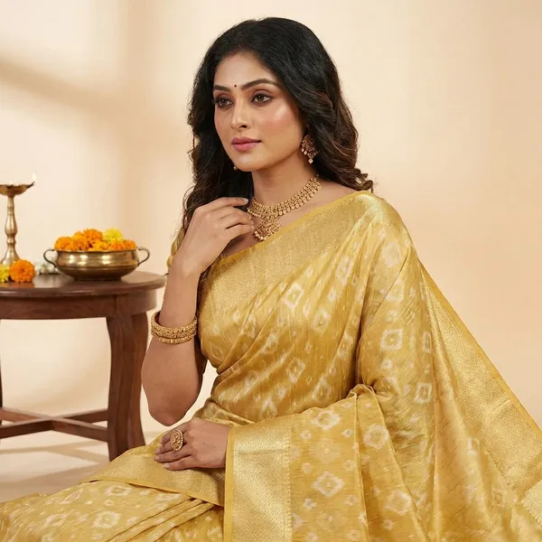 Yellow_Banarasi_Silk_Traditional_Geometric_Pattern_Saree_With_Blouse_Piece_For_Women