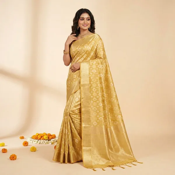 Yellow_Banarasi_Silk_Traditional_Geometric_Pattern_Saree_With_Blouse_Piece_For_Women