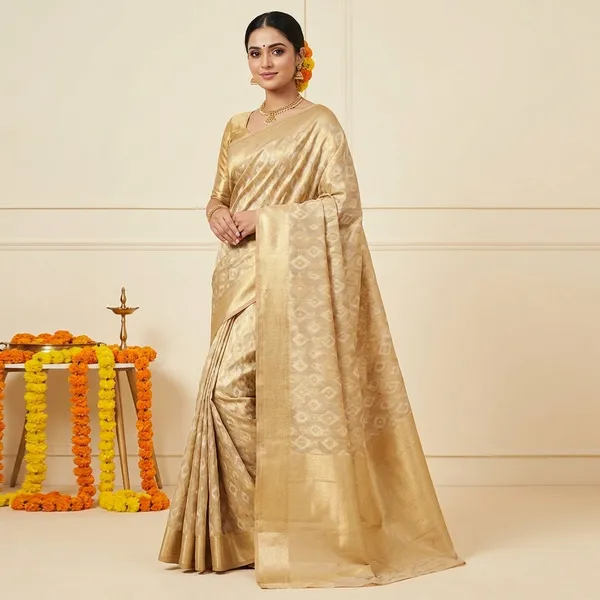 Light_Yellow_Banarasi_Silk_Traditional_Geometric_Pattern_Saree_With_Blouse_Piece_For_Women