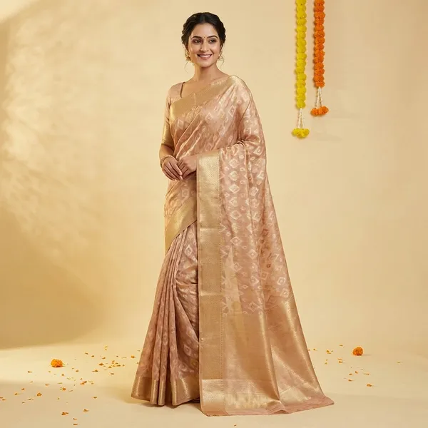 Brown_Banarasi_Silk_Traditional_Geometric_Pattern_Saree_With_Blouse_Piece_For_Women