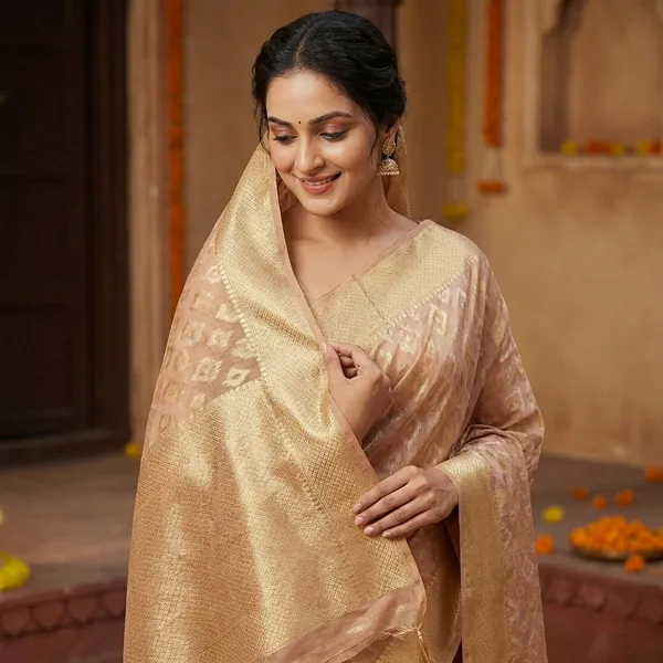 Brown_Banarasi_Silk_Traditional_Geometric_Pattern_Saree_With_Blouse_Piece_For_Women