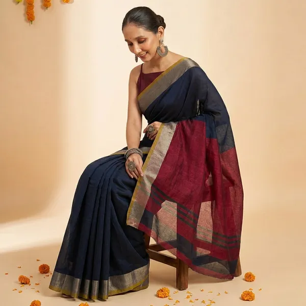 Black_And_Maroon_Cotton_Silk_Contrast_Border_Saree_With_Blouse_Piece_For_Women