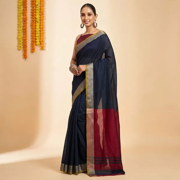 Black_And_Maroon_Cotton_Silk_Contrast_Border_Saree_With_Blouse_Piece_For_Women