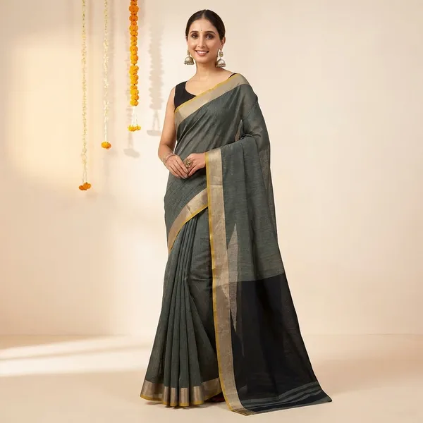 Green_Cotton_Silk_Contrast_Border_Saree_With_Blouse_Piece_For_Women