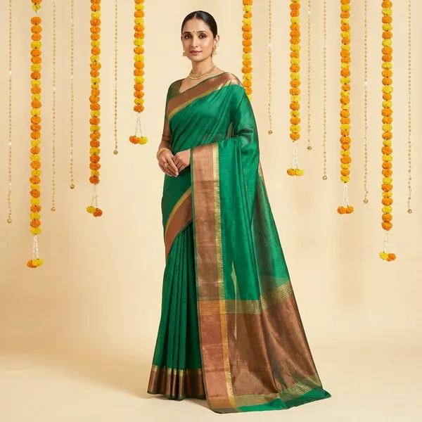 Light_Green_Cotton_Silk_Contrast_Border_Saree_With_Blouse_Piece_For_Women