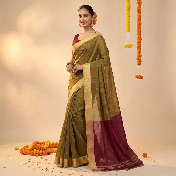 Henna_Green_Cotton_Silk_Contrast_Border_Saree_With_Blouse_Piece_For_Women