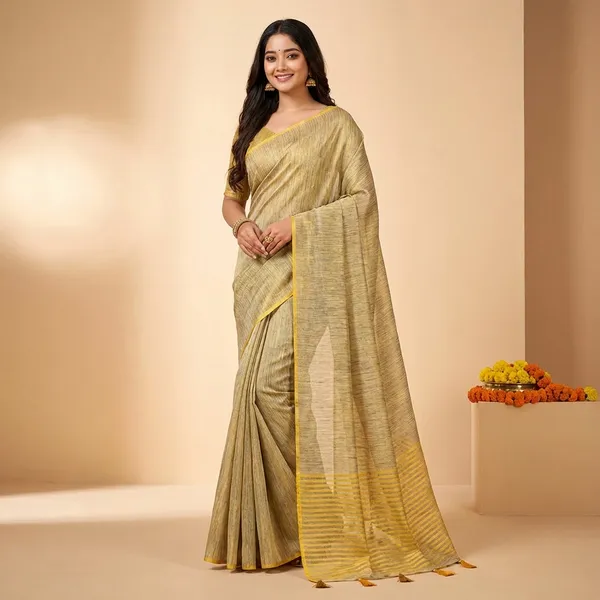 Light_Yellow_Silk_Golden_Border_Saree_With_Blouse_Piece_For_Women