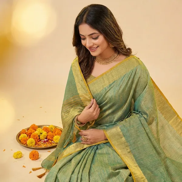 Green_Silk_Golden_Border_Saree_With_Blouse_Piece_For_Women
