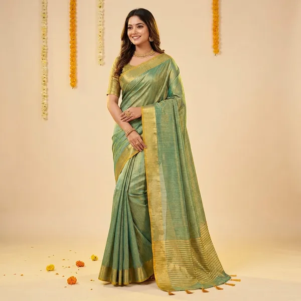 Green_Silk_Golden_Border_Saree_With_Blouse_Piece_For_Women