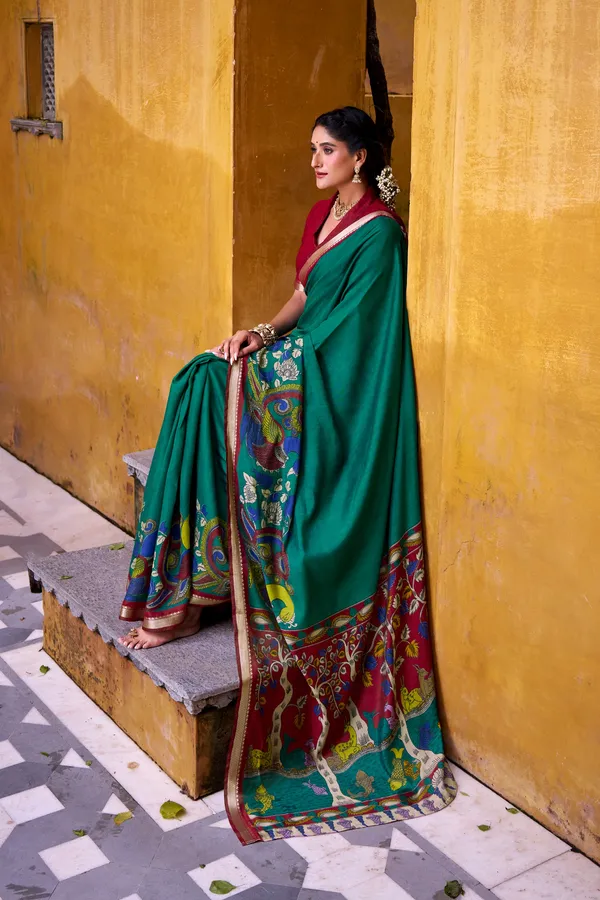 Polyester_Viscose_Chanderi_Saree_with_Kalamkari_Print_With_Zari_Weaving_Work