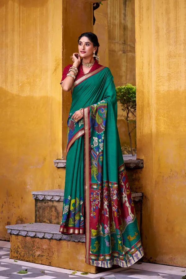 Polyester_Viscose_Chanderi_Saree_with_Kalamkari_Print_With_Zari_Weaving_Work