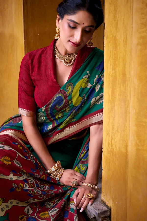 Polyester_Viscose_Chanderi_Saree_with_Kalamkari_Print_With_Zari_Weaving_Work
