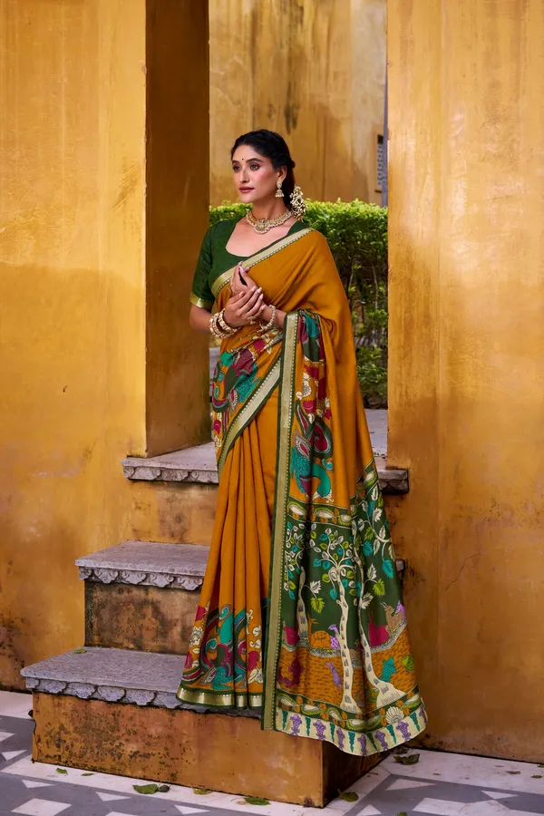 Polyester_Viscose_Chanderi_Saree_with_Kalamkari_Print_With_Zari_Weaving_Work