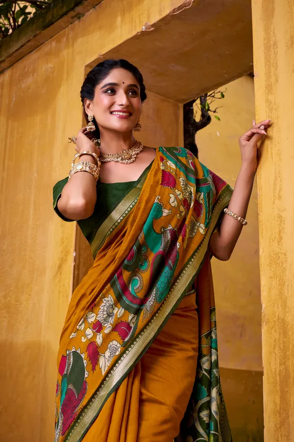 Polyester_Viscose_Chanderi_Saree_with_Kalamkari_Print_With_Zari_Weaving_Work
