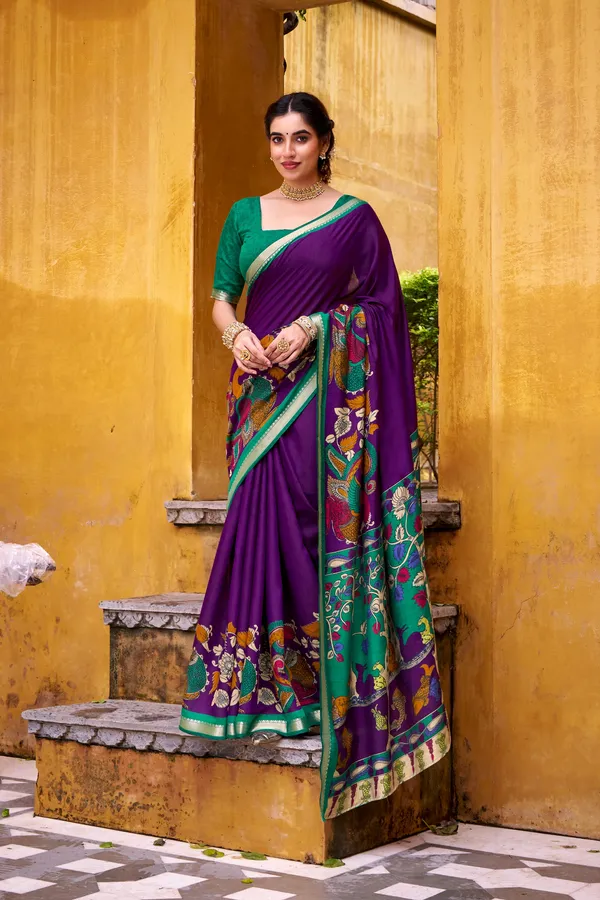 Polyester_Viscose_Chanderi_Saree_with_Kalamkari_Print_With_Zari_Weaving_Work
