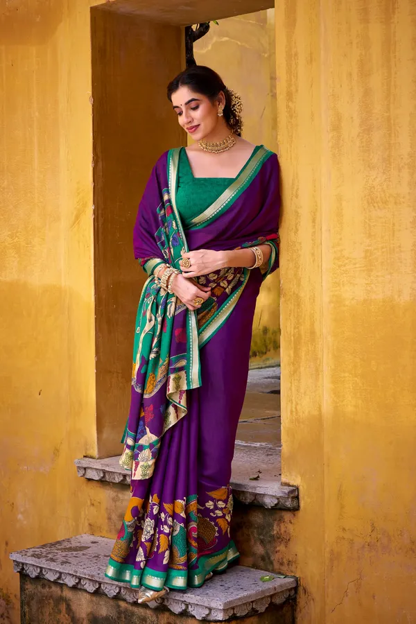 Polyester_Viscose_Chanderi_Saree_with_Kalamkari_Print_With_Zari_Weaving_Work