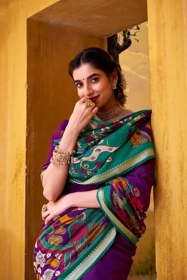 Polyester_Viscose_Chanderi_Saree_with_Kalamkari_Print_With_Zari_Weaving_Work