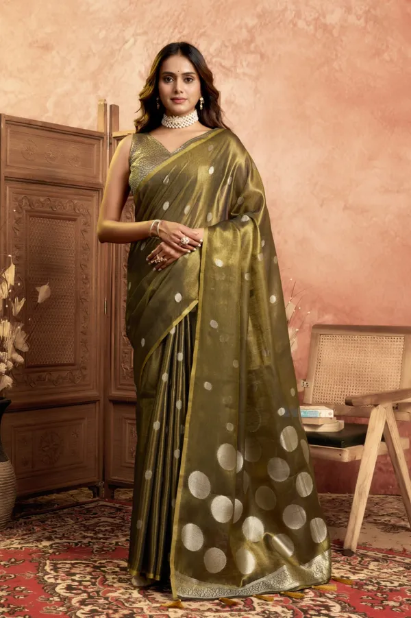 Henna_Green_Banarasi_Silk_Silver_Zari_Buti_Work_Saree_With_Blouse_Piece_For_Women