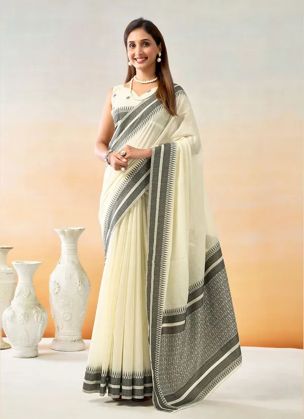 White_Chanderi_Temple_Border_Saree_With_Blouse_Piece_For_Women