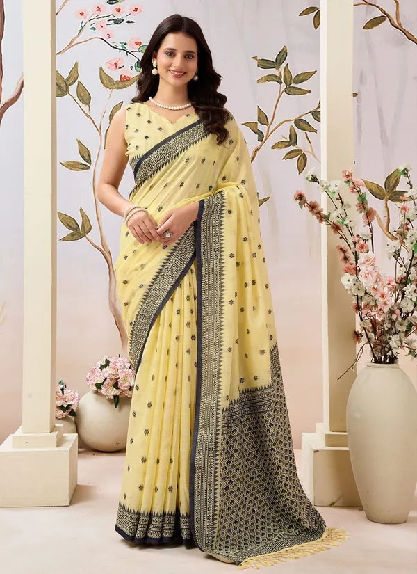 Yellow_Linen_Contrast_Border_Saree_With_Blouse_Piece_For_Women