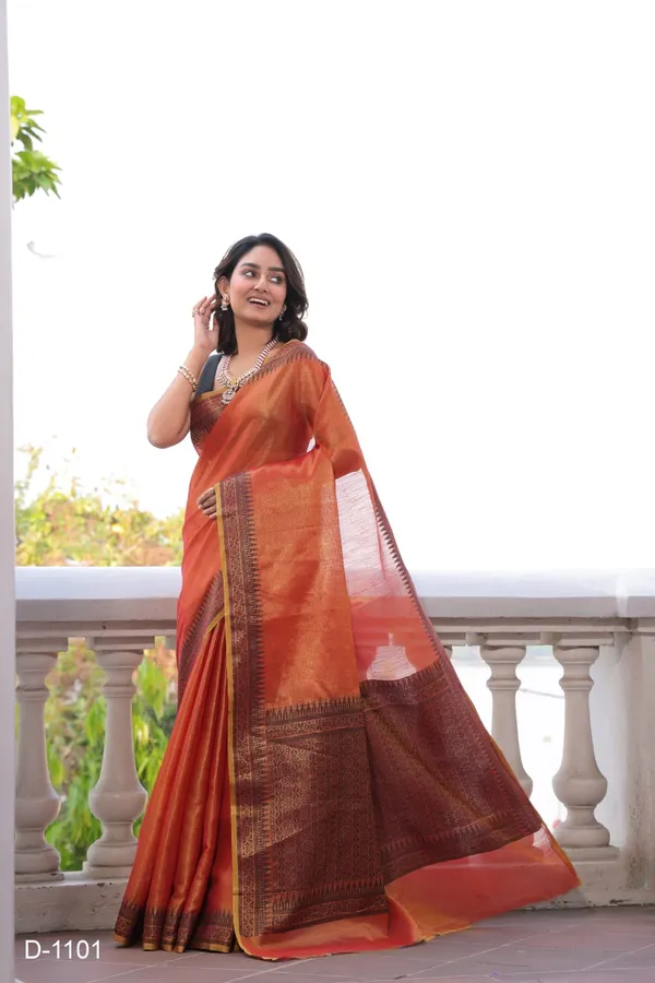 Orange_Linen_Tissue_Woven_Border_Saree_With_Blouse_Piece_For_Women
