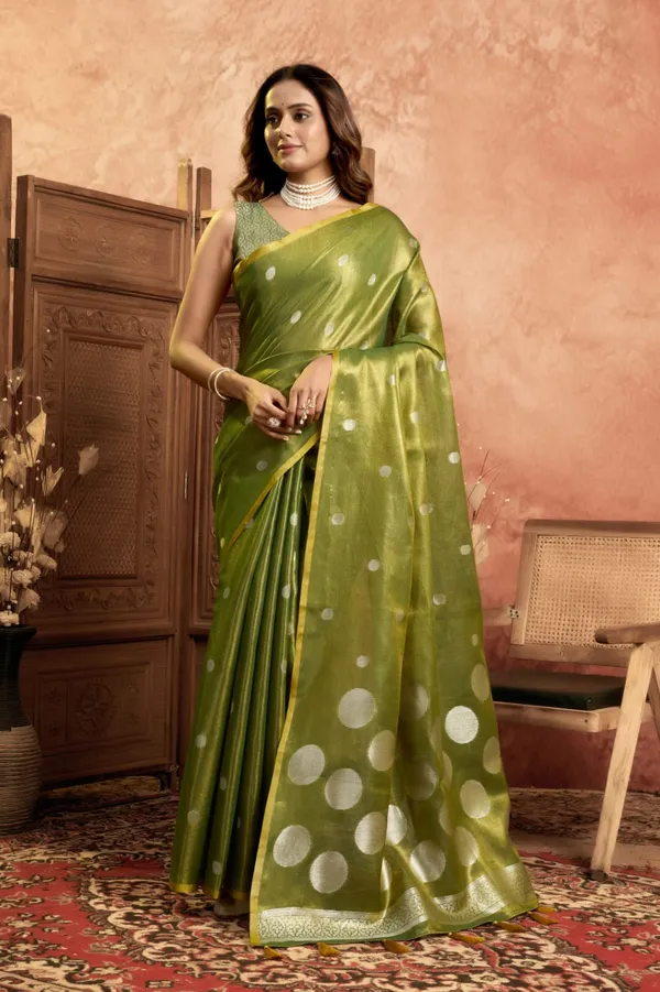 Olive_Green_Banarasi_Silk_Silver_Zari_Buti_Work_Saree_With_Blouse_Piece_For_Women