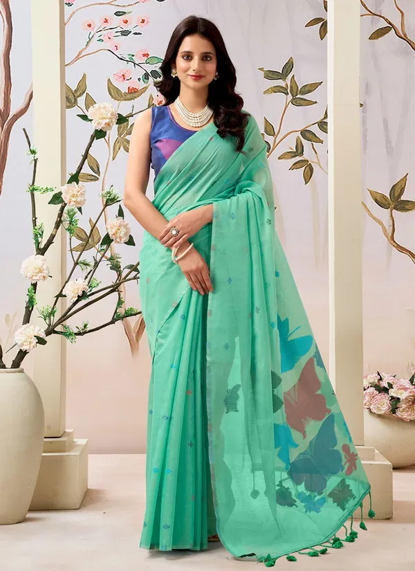 Green_Linen_Floral_Motifs_And_Contrast_Blouse_Saree_With_Blouse_Piece_For_Women