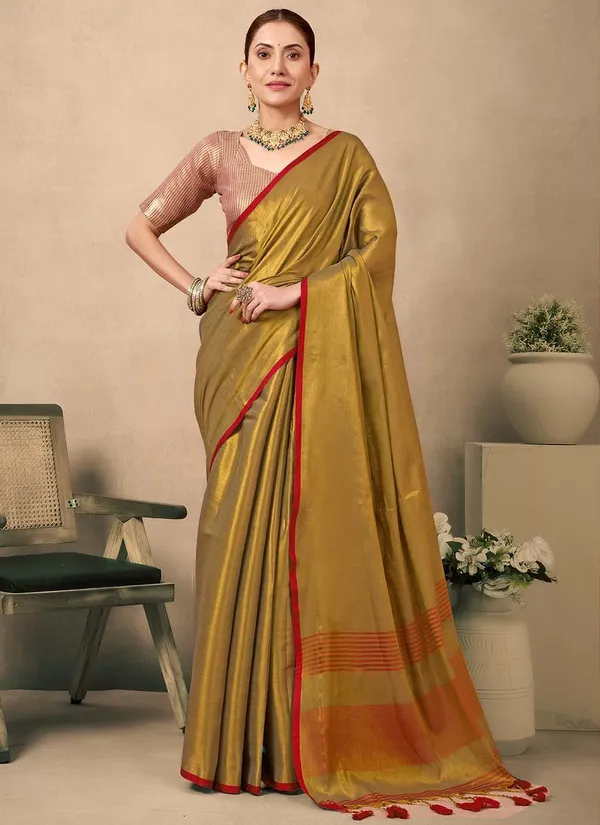 Green_Silk_Golden_Border_And_Tassels_Saree_With_Blouse_Piece_For_Women