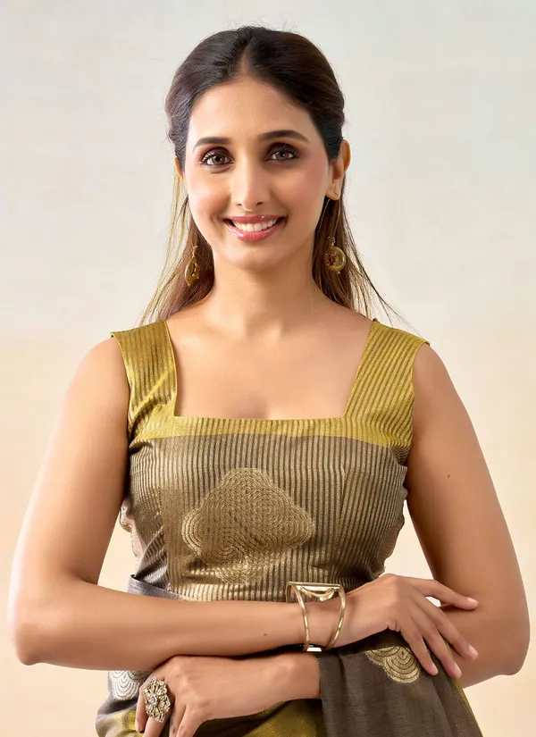 Olive_Green_Banarasi_Silk_Golden_Zari_Butta_Border_Saree_With_Blouse_Piece_For_Women