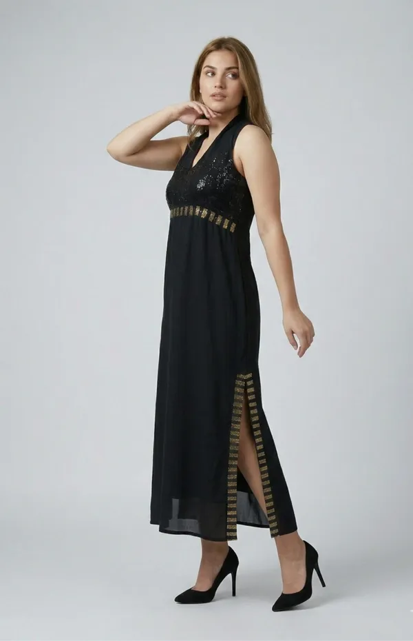 Black_Premium_Crepe_Sleek_Shimmer_Slit_Dress_For_Women_and_Girls