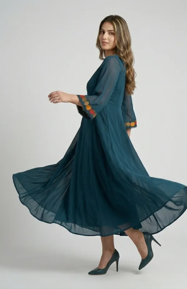 Teal_Blue_Premium_Crepe_Fusion_Indo_Western_Long_Dress_For_Women_and_Girls