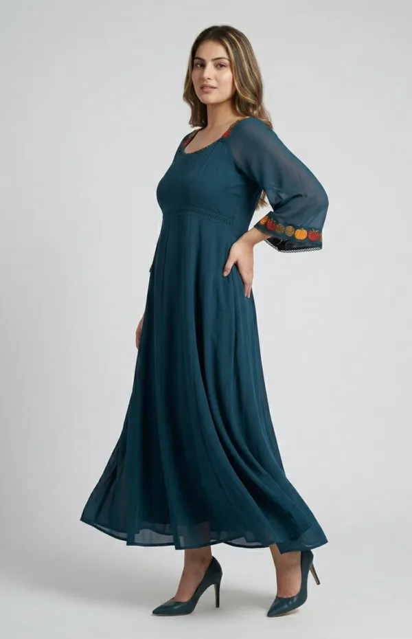 Teal_Blue_Premium_Crepe_Fusion_Indo_Western_Long_Dress_For_Women_and_Girls