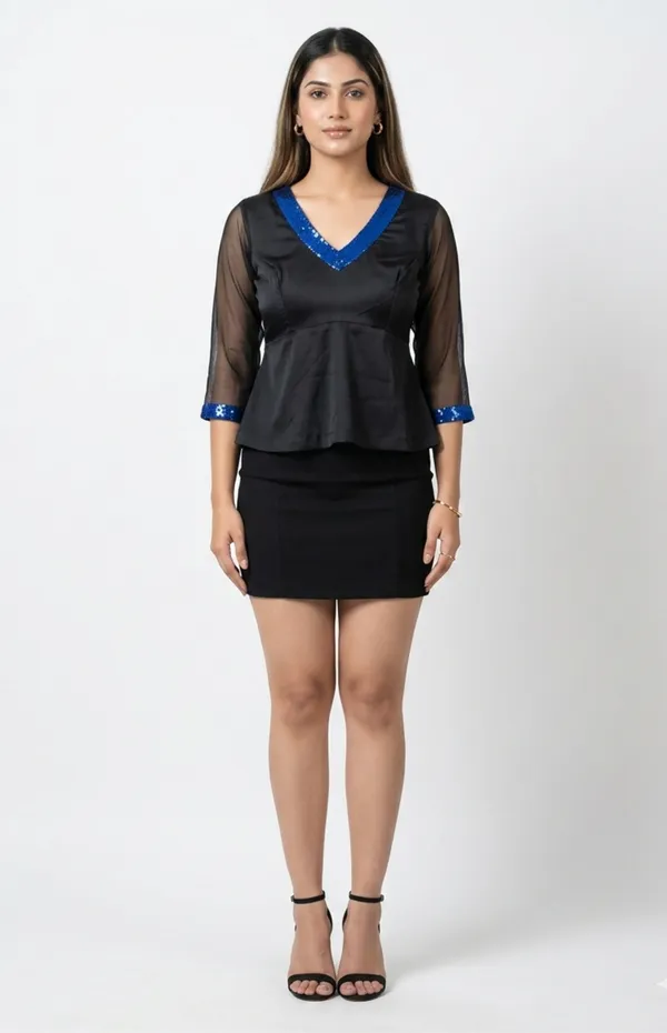 Black_And_Blue_Premium_Crepe_Cobalt_Trim_V_Neck_Top_For_Women_and_Girls