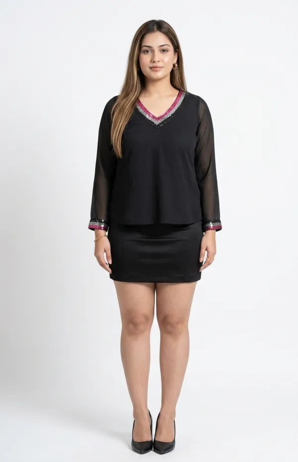 Black_And_Pink_Premium_Crepe_Blush_Edge_V_Neck_Top_For_Women_and_Girls